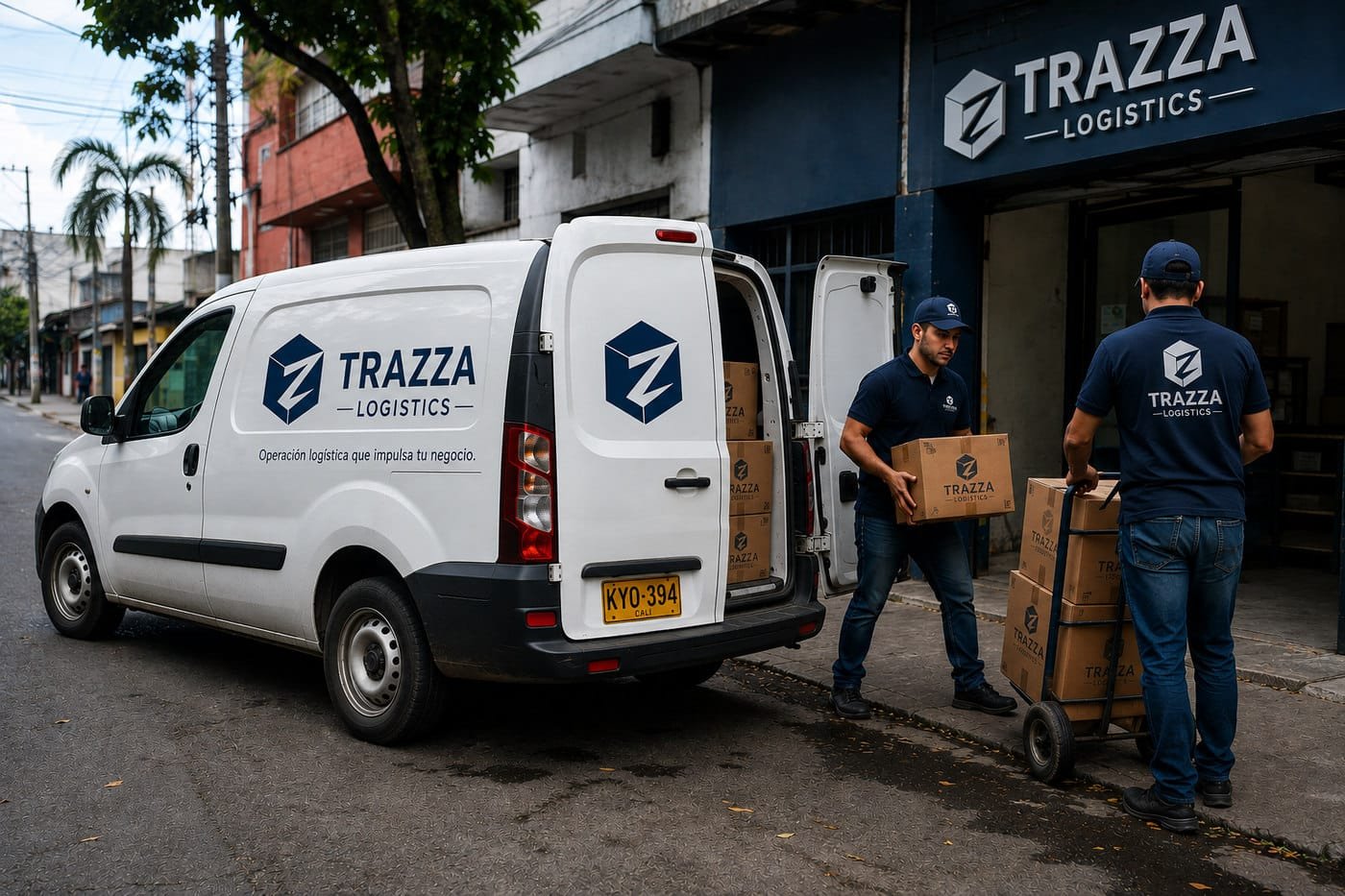 Van de Trazza Logistics con dos auxiliares uniformados descargando cajas con carretilla en punto de entrega en Cali