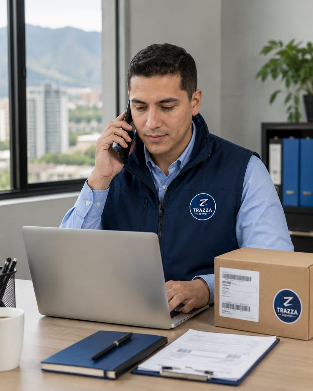 Coordinador de Trazza Logistics gestionando una operación por teléfono y computador, con una caja rotulada y documentos sobre el escritorio